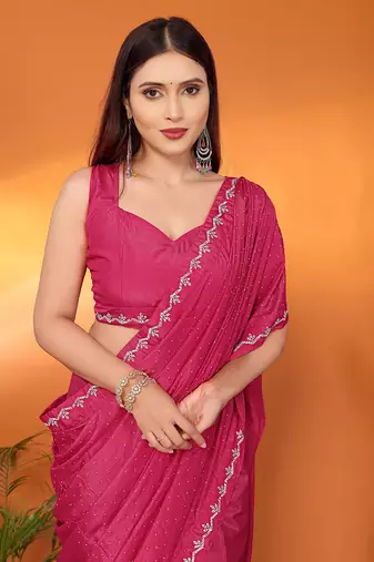 Satin rani beads and stones saree with blouse piece