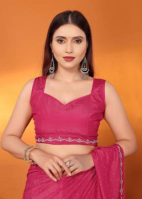 Satin rani beads and stones saree with blouse piece 5