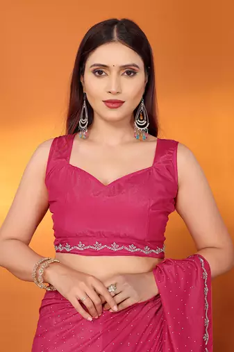 Satin rani beads and stones saree with blouse piece