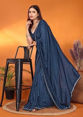 Satin  teal beads and stones saree with blouse piece 1