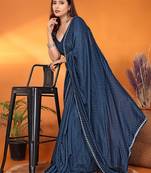 Satin  teal beads and stones saree with blouse piece