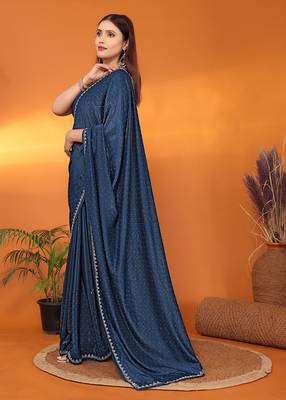 Satin  teal beads and stones saree with blouse piece 2