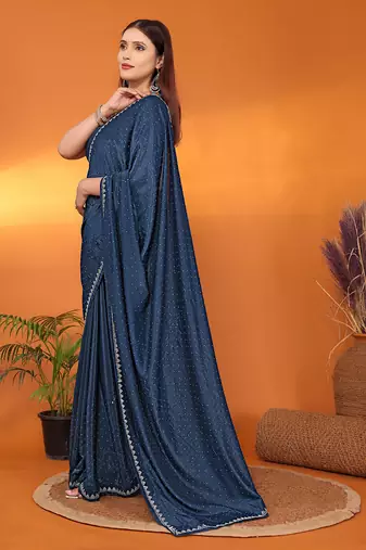 Satin  teal beads and stones saree with blouse piece