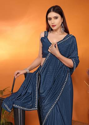 Satin  teal beads and stones saree with blouse piece 3