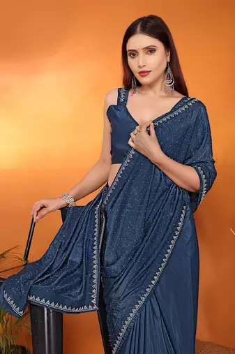 Satin  teal beads and stones saree with blouse piece