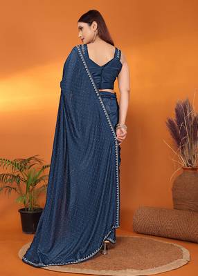 Satin  teal beads and stones saree with blouse piece 4