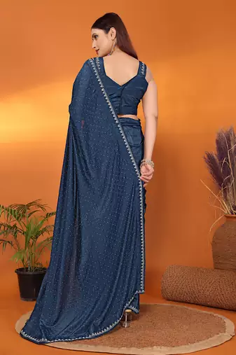 Satin  teal beads and stones saree with blouse piece
