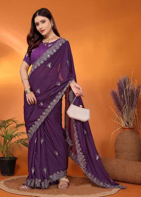 Pure georgette purple sequinned saree with blouse piece 1