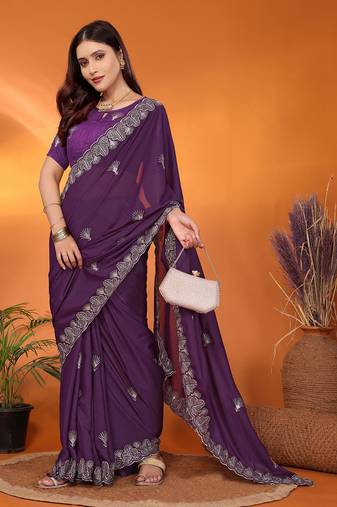 Pure georgette purple sequinned saree with blouse piece