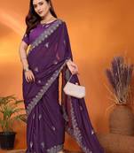 Pure georgette purple sequinned saree with blouse piece
