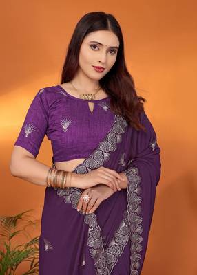 Pure georgette purple sequinned saree with blouse piece 2
