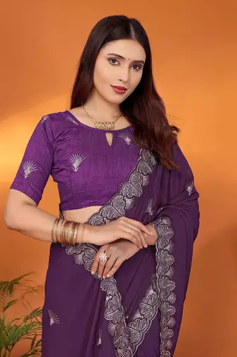 Pure georgette purple sequinned saree with blouse piece
