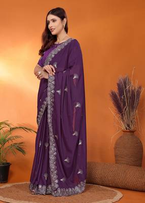 Pure georgette purple sequinned saree with blouse piece 3