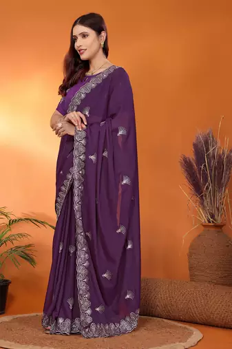 Pure georgette purple sequinned saree with blouse piece