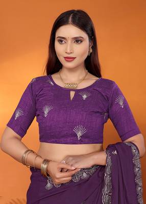 Pure georgette purple sequinned saree with blouse piece 4