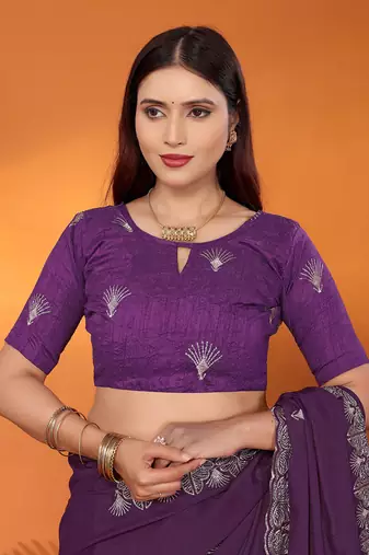 Pure georgette purple sequinned saree with blouse piece