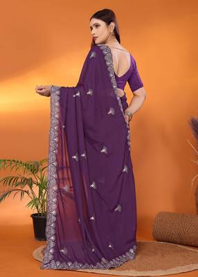 Pure georgette purple sequinned saree with blouse piece 5