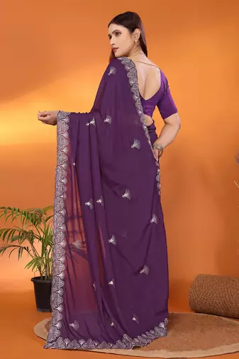 Pure georgette purple sequinned saree with blouse piece