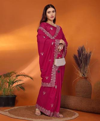 Pure georgette rani sequinned saree with blouse piece 1
