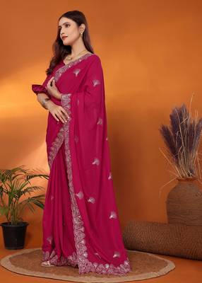 Pure georgette rani sequinned saree with blouse piece 3