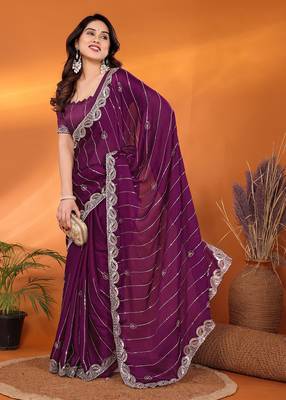 Satin wine sequinned saree with blouse piece 1