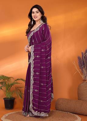 Satin wine sequinned saree with blouse piece 2