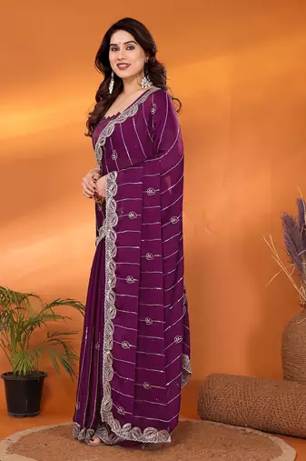 Satin wine sequinned saree with blouse piece
