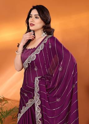 Satin wine sequinned saree with blouse piece 3