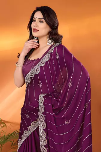 Satin wine sequinned saree with blouse piece