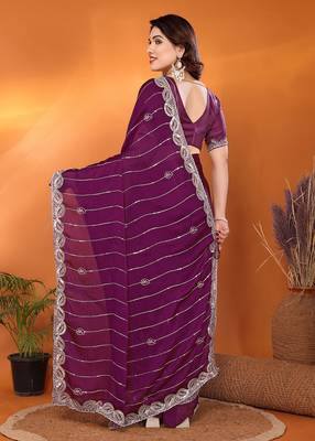 Satin wine sequinned saree with blouse piece 4
