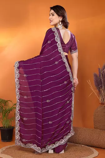 Satin wine sequinned saree with blouse piece