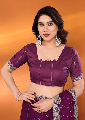 Satin wine sequinned saree with blouse piece 5