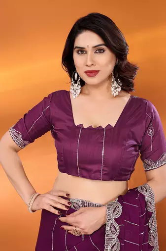 Satin wine sequinned saree with blouse piece