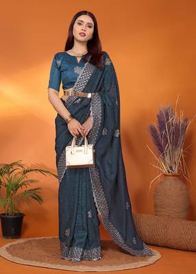 Tissue teal sequinned saree with blouse piece 1