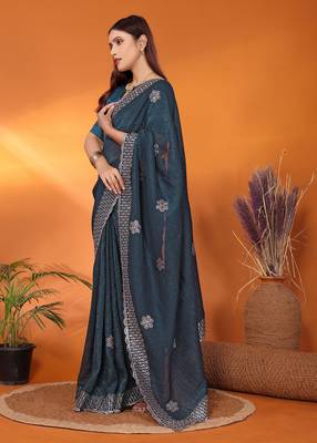 Tissue teal sequinned saree with blouse piece 2