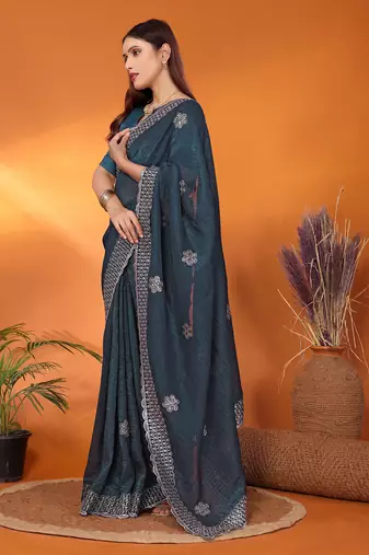 Tissue teal sequinned saree with blouse piece