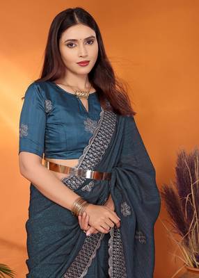 Tissue teal sequinned saree with blouse piece 3