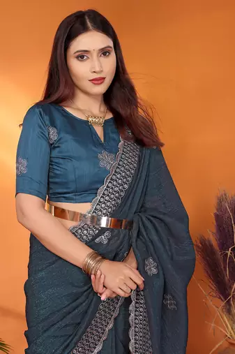 Tissue teal sequinned saree with blouse piece