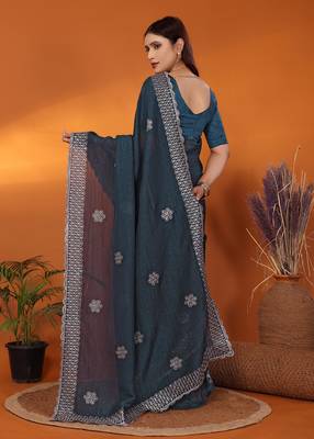 Tissue teal sequinned saree with blouse piece 4