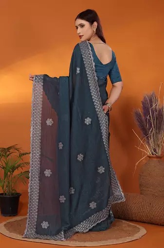 Tissue teal sequinned saree with blouse piece