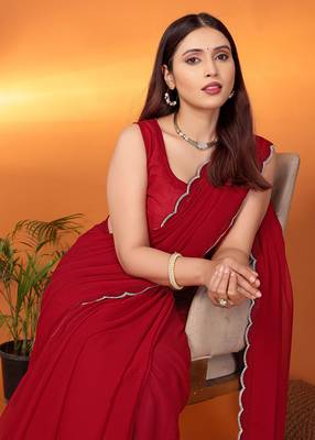 Pure georgette maroon beads and stones saree with blouse piece 2