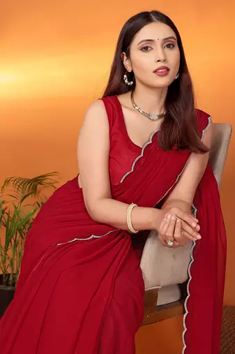 Pure georgette maroon beads and stones saree with blouse piece