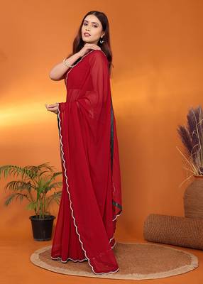 Pure georgette maroon beads and stones saree with blouse piece 3