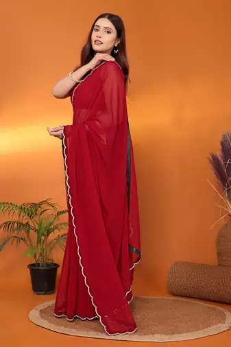 Pure georgette maroon beads and stones saree with blouse piece