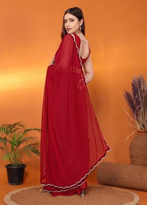 Pure georgette maroon beads and stones saree with blouse piece 4