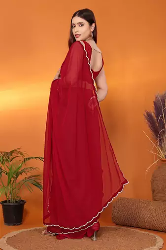 Pure georgette maroon beads and stones saree with blouse piece