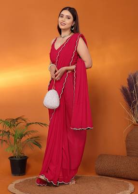 Pure georgette pink beads and stones saree with blouse piece 1