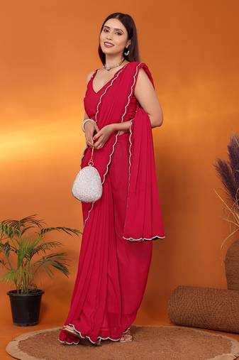 Pure georgette pink beads and stones saree with blouse piece