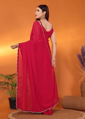 Pure georgette pink beads and stones saree with blouse piece 3