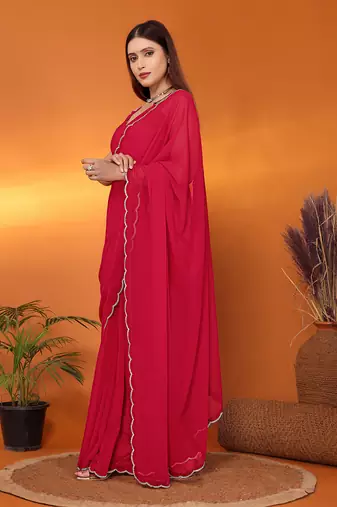 Pure georgette pink beads and stones saree with blouse piece
